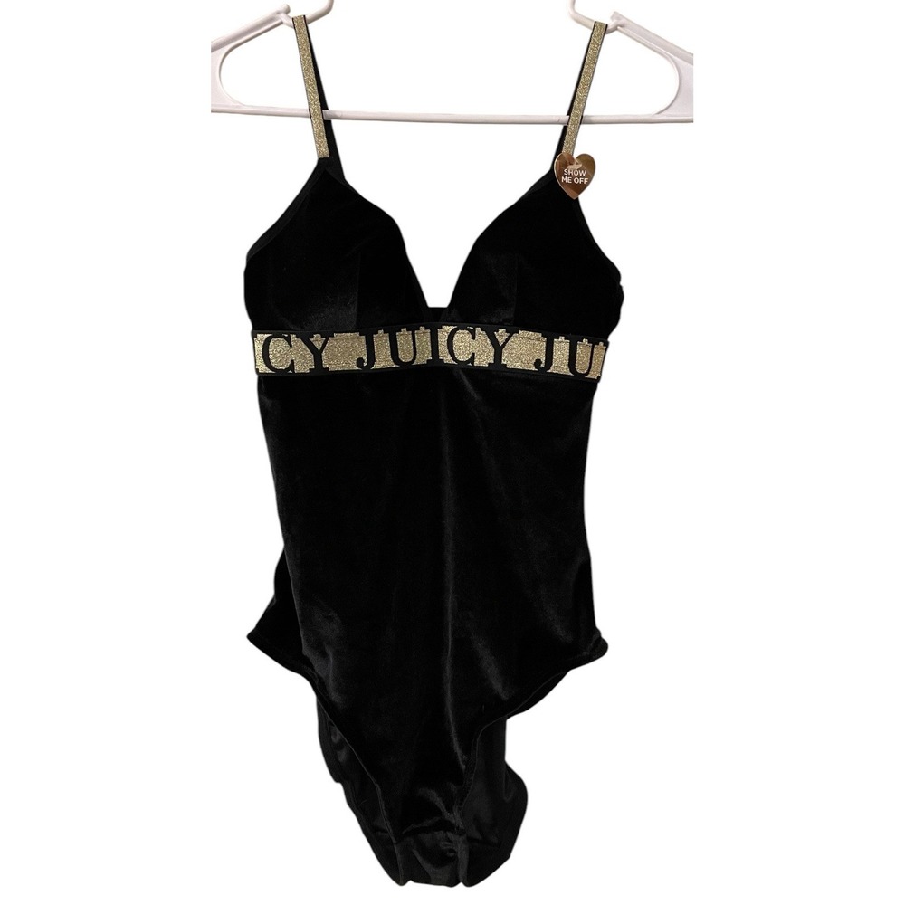 NWT Juicy‎ Couture Intimates Black Velvet Gold Logo Band Bodysuit Y2K Hip Hop S